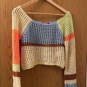 Crochet Open-Knit Colorblock Crop Sweater Size Large
